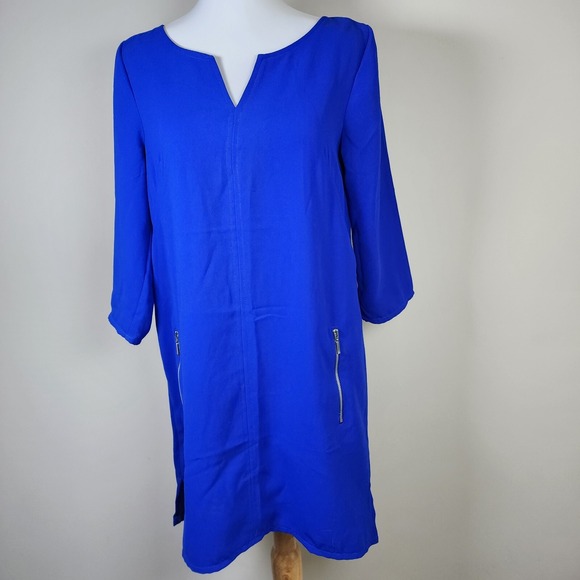 H&M Royal Blue Dress Womens 8‎ Silver Zipper Pockets Classic 3/4 Sleeve Y2K 90s - Picture 2 of 16